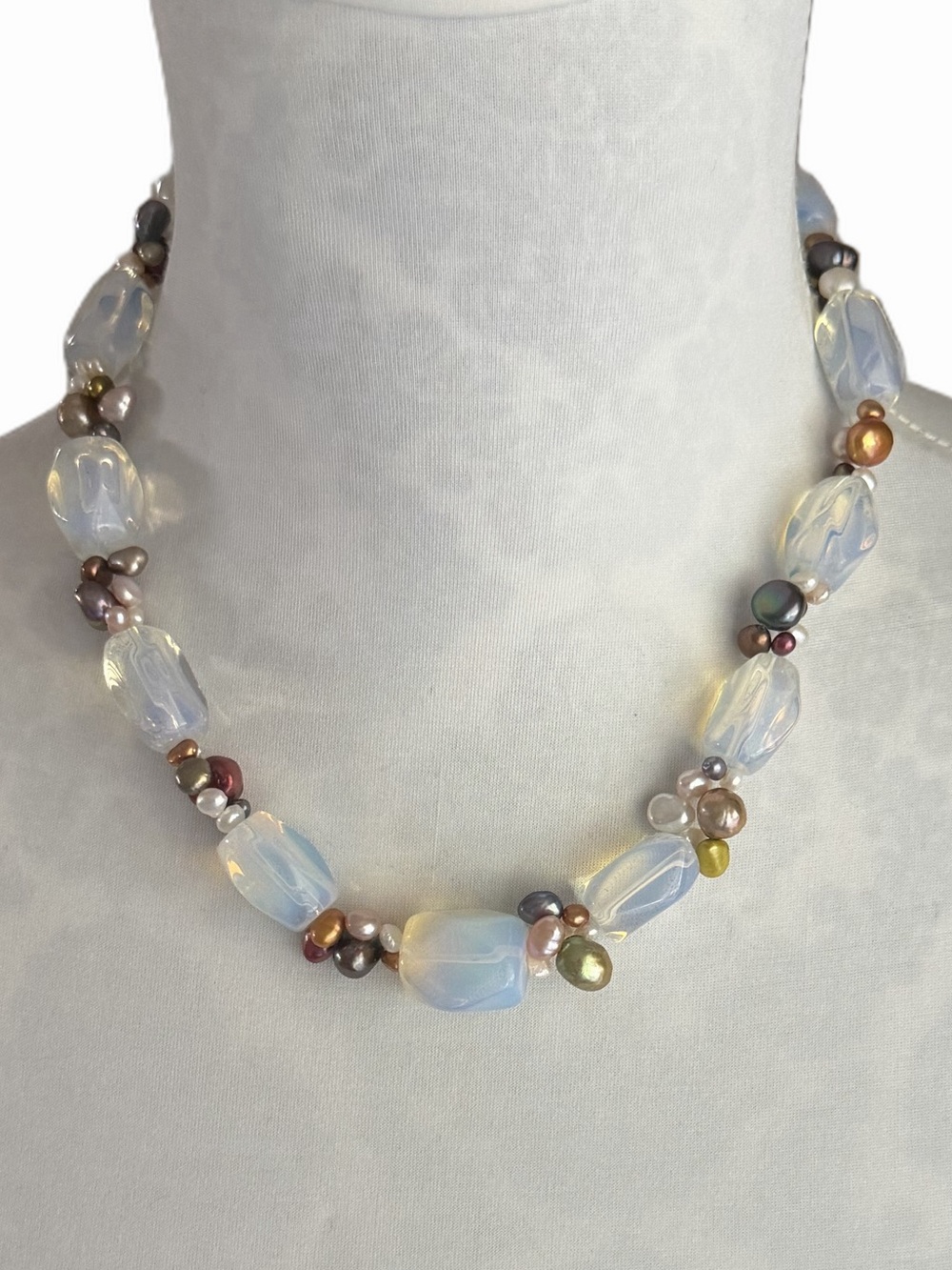 Opalite & Freshwater Pearl Beaded Necklace | Iridescent Statement Jewelry
